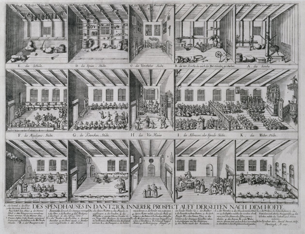 Çocuklar ve Yaşlılar için Barınak, 1707 (kurutma kağıdı üzerine bakır levha gravürü) by Samuel Donnet