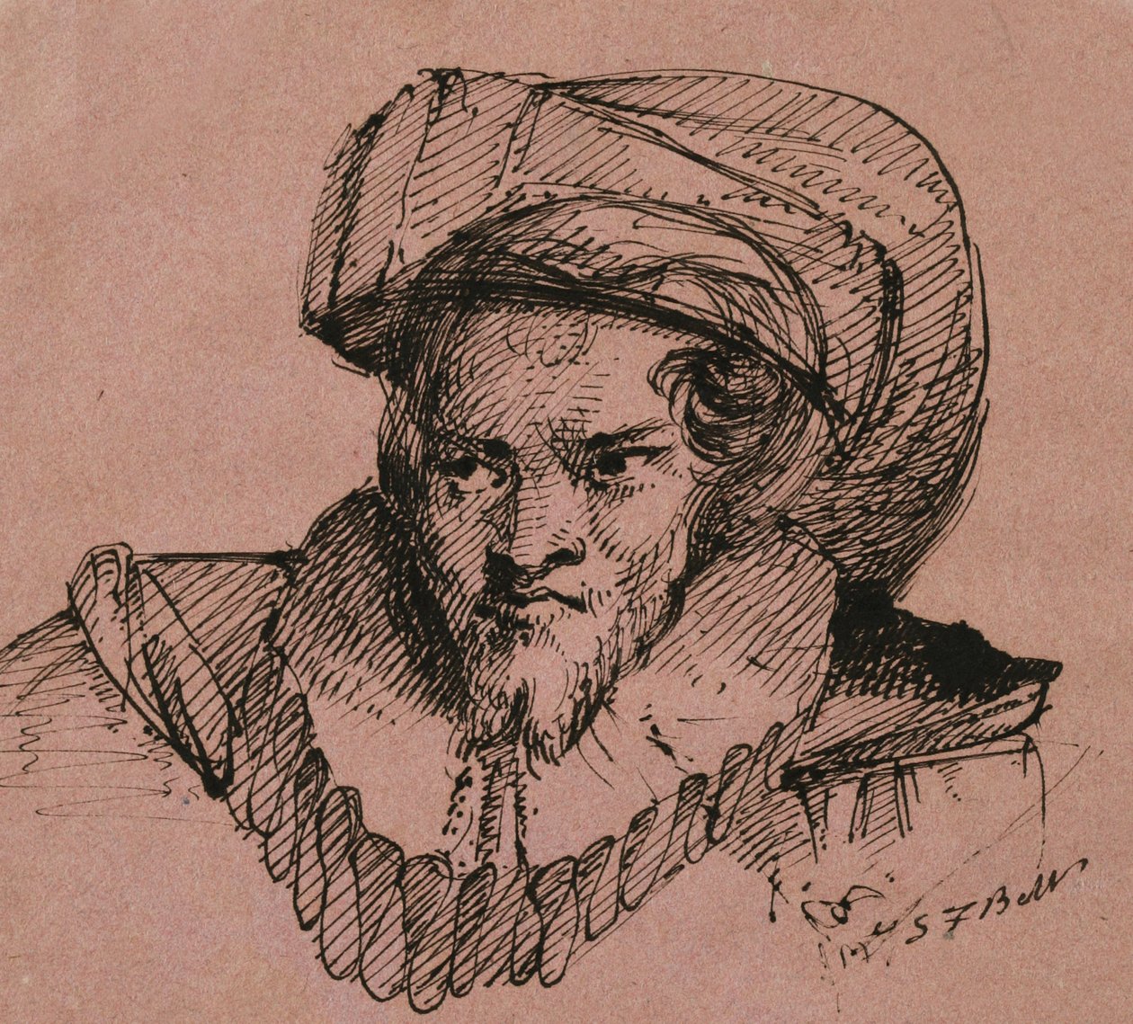 Tüylü şapkalı bir adamın başı, 1840 (pembe dokuma kağıt üzerine kalem ve siyah mürekkep) by Samuel Finley Breese Morse