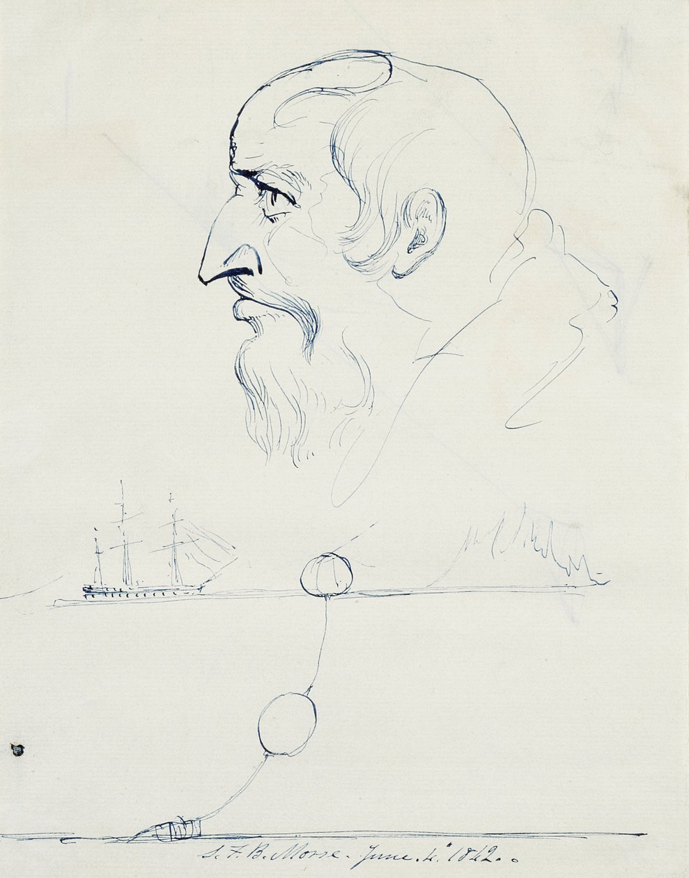 Bir Sakallı Adamın Profili ve Atlantik Kablosu için Tasarım, 1842 (kremalı kağıt üzerine kalem ve mavi mürekkep) by Samuel Finley Breese Morse