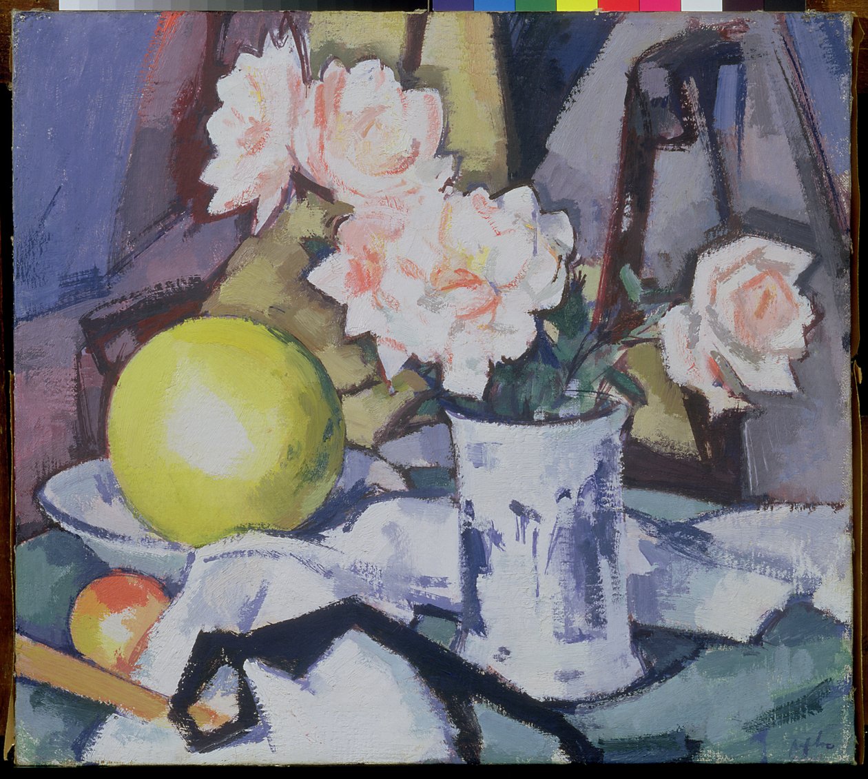 Mavi Beyaz Vazo, Gül, Kavun ve Turuncu by Samuel John Peploe