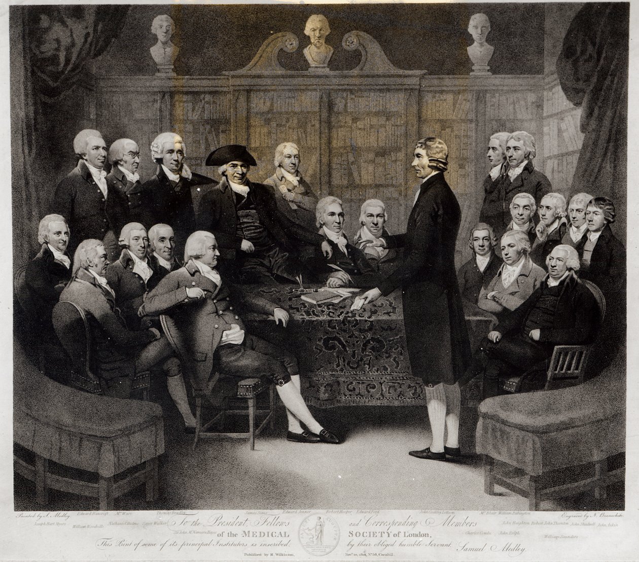 Nathan Cooper Branwhite (1775-1857) tarafından oyulmuş, Londra Tıp Derneği Başkanı, Üyeleri ve Sorumlu Üyelerinin Grup Portresi, R. Wilkinson tarafından yayınlanmıştır, 1801 (bw photo by Samuel Medley