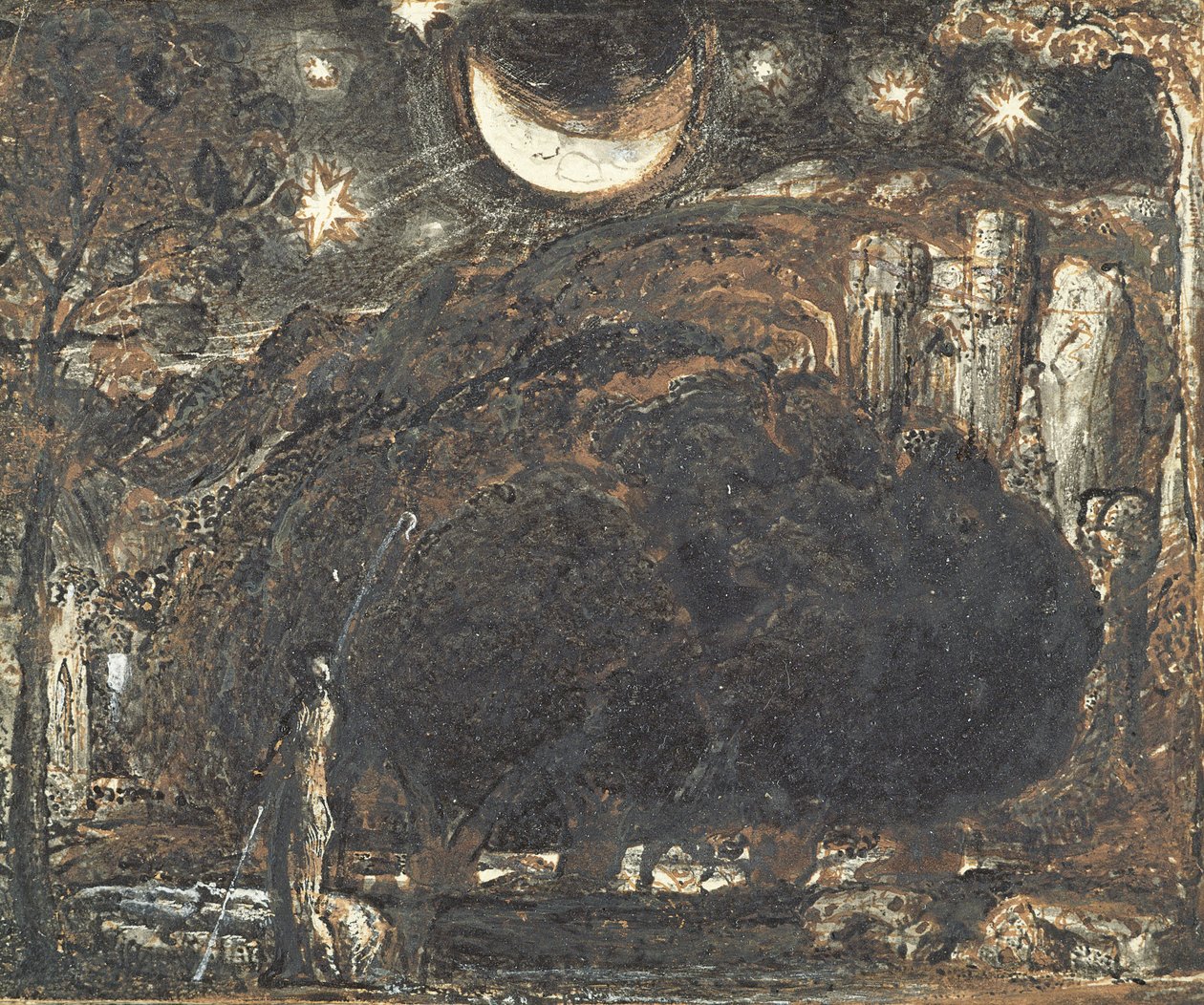 Ay ve Yıldızların Altında Bir Çoban ve Sürüsü, 1827 dolayları (kağıt üzerinde kalem ve mürekkeple yıkama) by Samuel Palmer