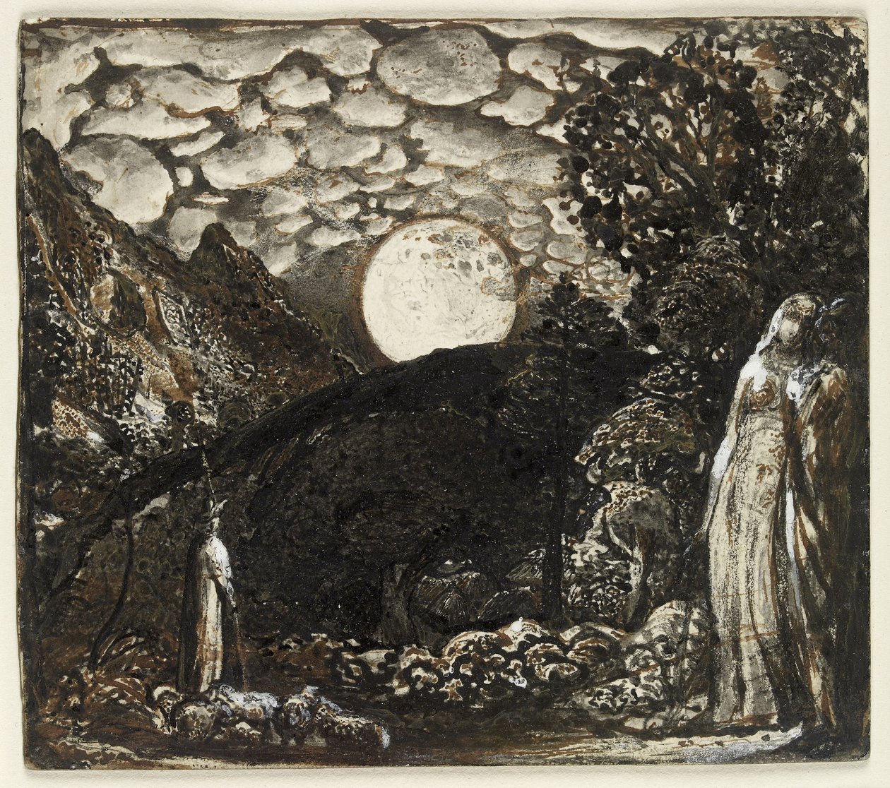 Dolunay Altında Çobanlar, c.1829-30 (Hint mürekkebiyle fırçalı kalem ve kahverengi mürekkep, beyaz kartta gövde rengiyle vurgulanmış) by Samuel Palmer