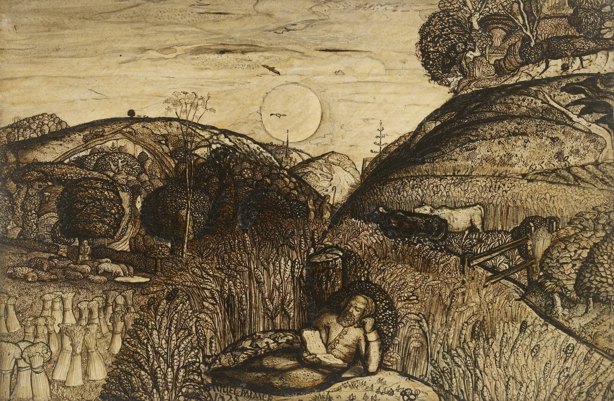 The Valley Thick with Corn, 1825 (arap zamkı ile karıştırılmış sepya içinde kalem ve fırçalı koyu kahverengi mürekkep; vernikli) by Samuel Palmer