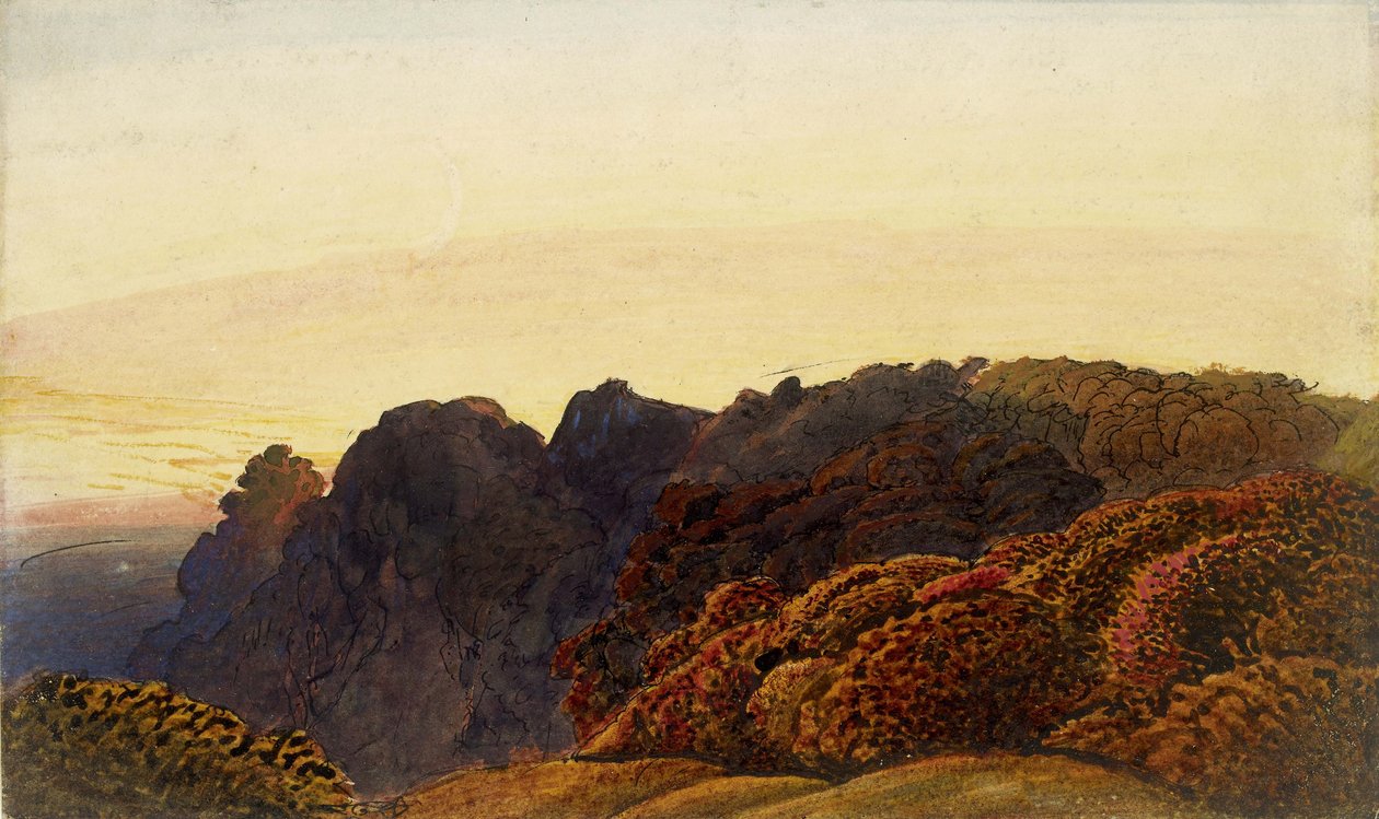 Sarı Alacakaranlık, c.1830 (kalem ve Hint mürekkebi ve yıkama, sulu boya ve gövde rengi ve arap zamkı ile, kirli beyaz kağıt üzerine) by Samuel Palmer