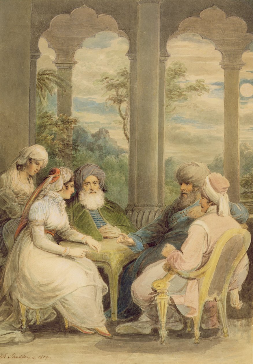 Prens Rasselas ve kız kardeşi, Nil kıyısındaki yazlık saraylarında sohbet ederken, 1804 (kağıt üzerinde grafit üzerine tebeşirle tuvalet) by Samuel Shelley