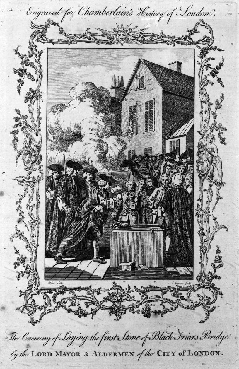 Umuhango wo gushyira ibuye rya mbere ryikiraro cya Blackfriars cyanditswe na Lord Mayor na Aldermen wo mu mujyi wa London, cyanditswe na Charles Grignion, 1760 by Samuel Wale