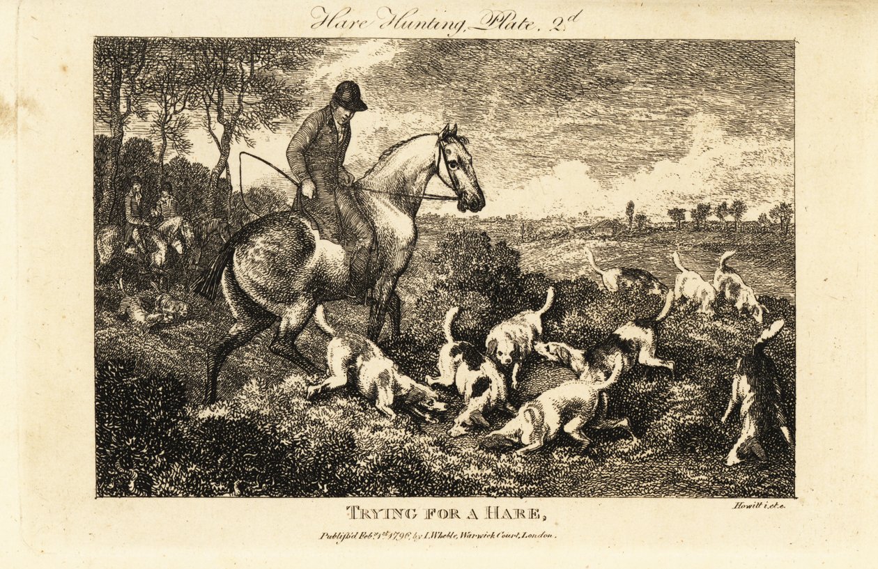 Atlı avcı, tavşan avlayan bir tazı sürüsünü izliyor. by Samuel (after) Howitt