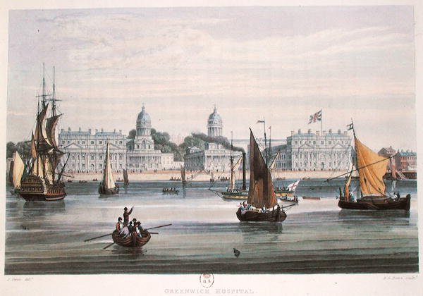 Greenwich Hastanesi, R.G. Reeve (fl.1811-37) 1828 (renkli gravür) by Samuel (after) Owen