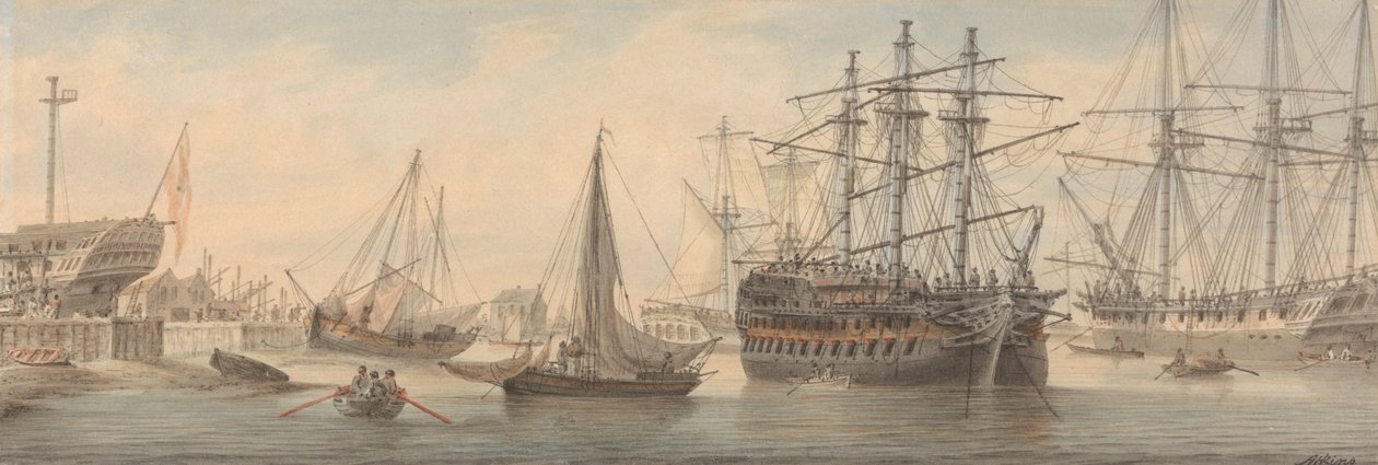 Men-of-War ve Thames'teki diğer Denizcilik (büyük olasılıkla Deptford'da) by Samuel Atkins