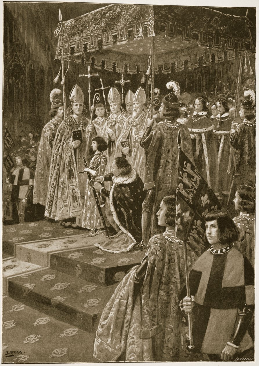Henry VI'nın taç giyme töreninde Spurs ve Kılıcın Sunulması, 6 Kasım 1429, 'The Illustrated London News', 1902 by Samuel Begg