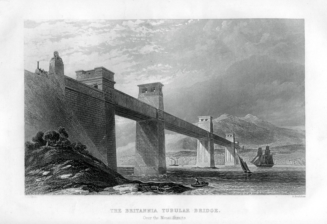 Menai Boğazı üzerindeki Britannia Tubular Bridge, Galler, 1886 by Samuel Bradshaw