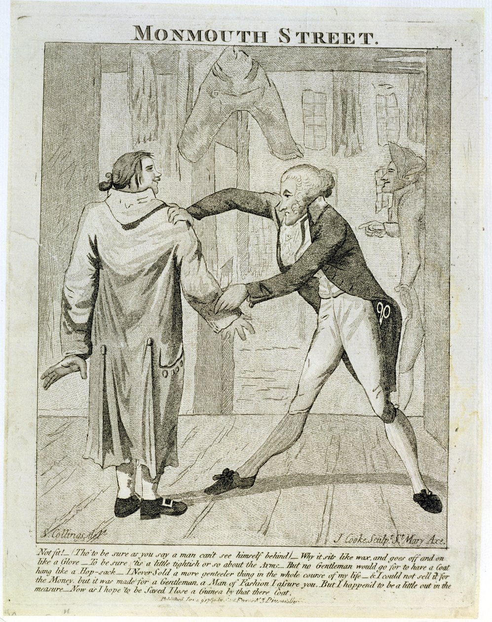 Monmouth Street, eski bir giysi satıcısının karikatürü, J. Cooke tarafından oyulmuş, 1789 by Samuel Collings