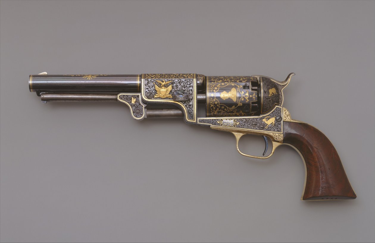 Colt Üçüncü Model Dragoon Vurmalı Tabanca, c.1853 (çelik, pirinç, altın ve ceviz ağacı) by Samuel Colt