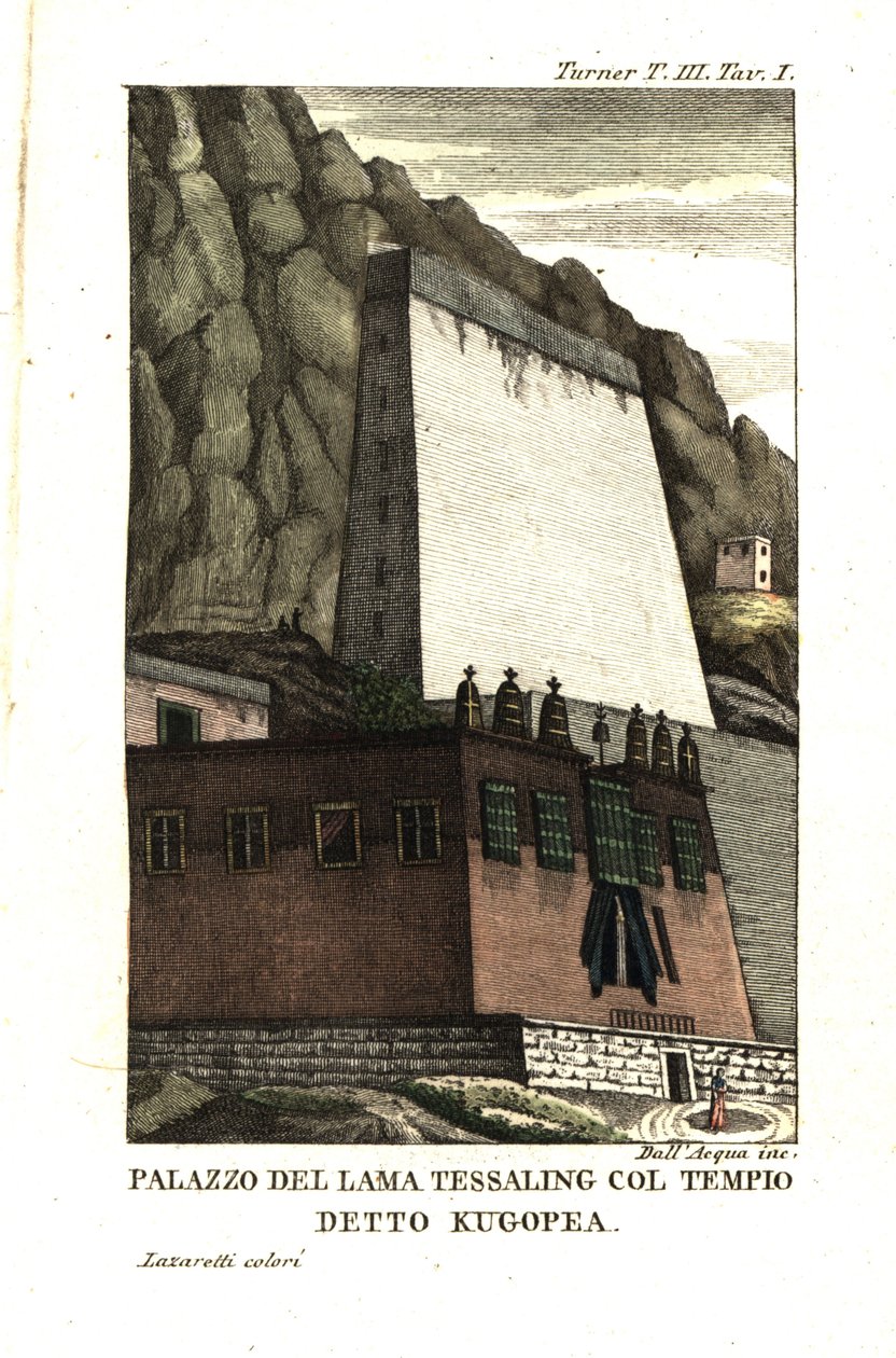 Kugopea adı verilen dini yapıyla birlikte Tessaling Lama'nın meskeni. Teğmen Samuel Davis'in çizimi, Yüzbaşı Samuel Turner'dan (1759-1802) Tibet'teki Teshoo Lama Sarayı'ndaki Büyükelçiliğin Açıklaması 1800. Dell'Acqua ha tarafından  by Samuel Davis