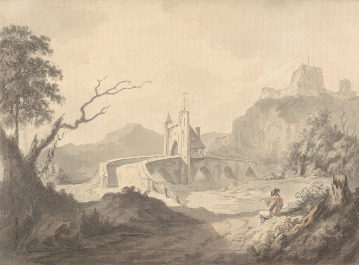 Ön Planda Sanatçı Çizimi ile Nehir Manzarası ve Köprü by Samuel Davis