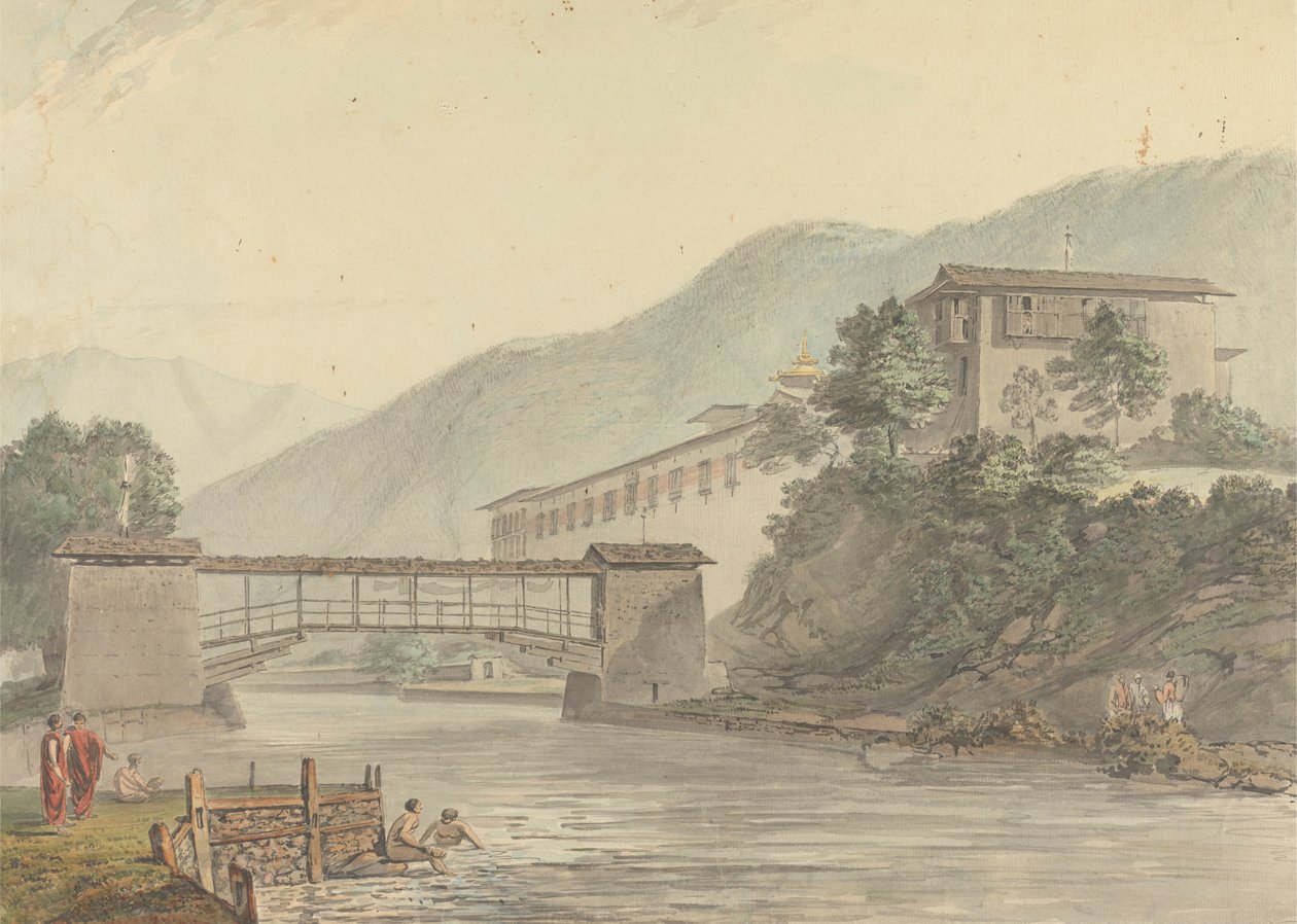 Tashichoedzong, Butan ve Yaya Köprüsü'nün görünümü by Samuel Davis