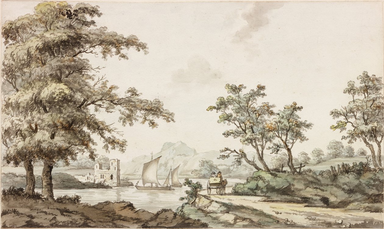 Yelkenli Tekneler ve At ve Arabalı Bir Nehir (mürekkep (siyah) ve kağıt üzerine sulu boya) by Samuel Henry Alken
