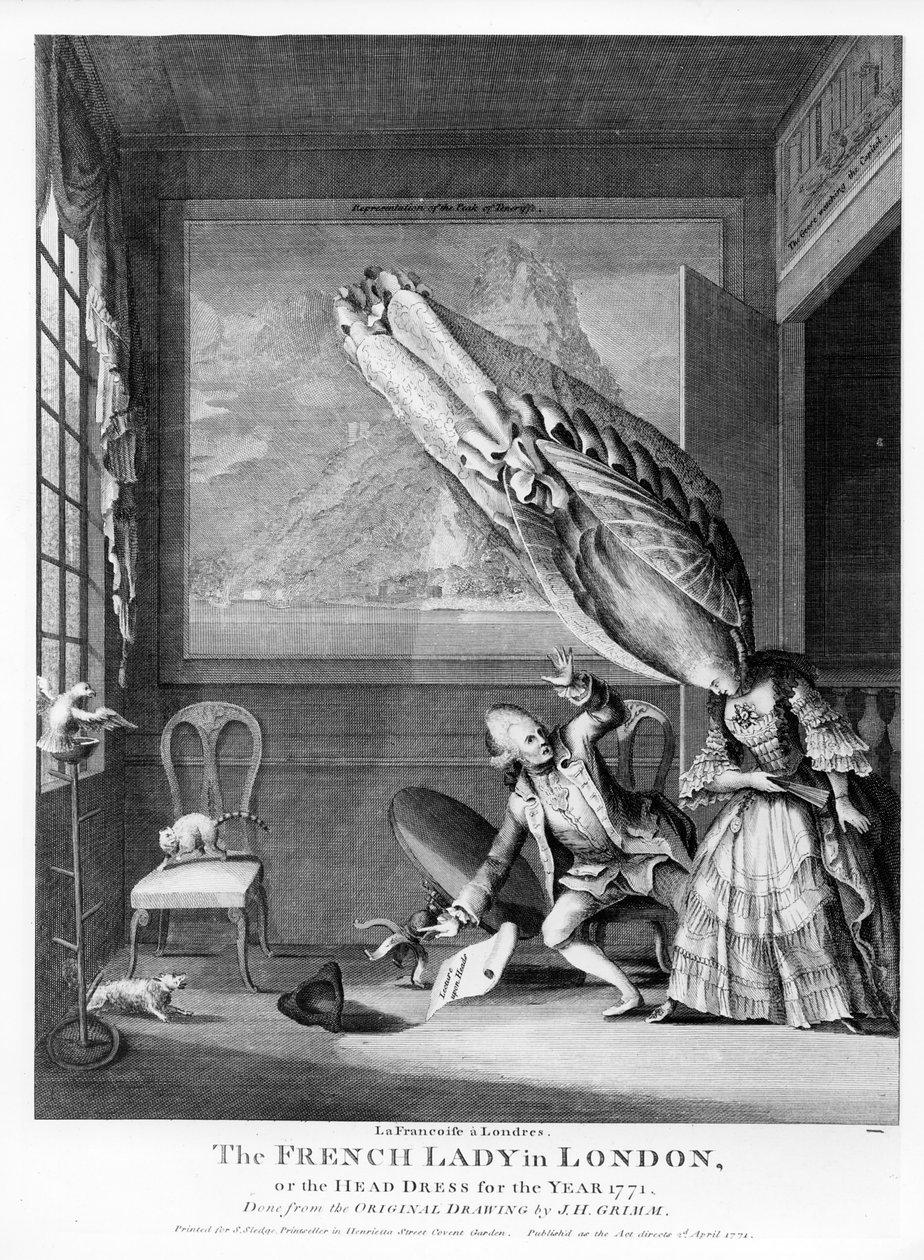 The French Lady in London or The Head Dress of the Year 1771, printed for S. Sledge, 1771  by Samuel Hieronymous Grimm