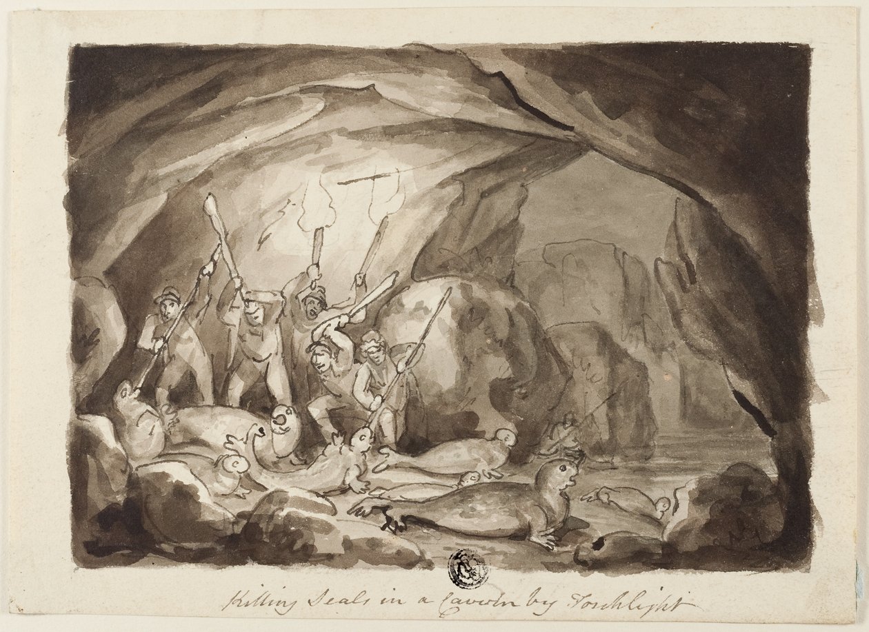 Fener Işığında Bir Mağarada Fokları Öldürmek (recto); Avcılar ve Tahta Taslağı (verso) by Samuel Howett