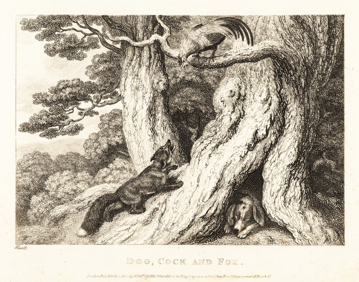 Köpek uyurken, ağaçtaki horoz tilkiyi kurnazlıkla alt eder. 1811 (gravür) by Samuel Howitt