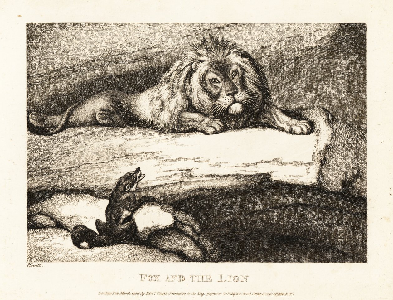 Bir tilki, ininde aptalca bir erkek aslana yaklaşıyor. 1811 (gravür) by Samuel Howitt