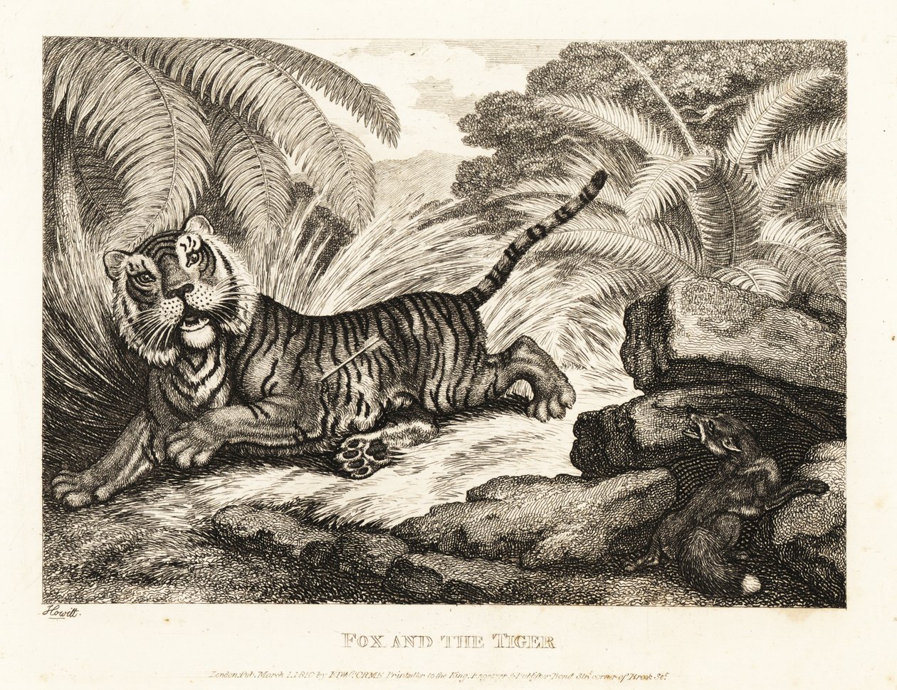 Bir tilki yaralı bir kaplanı izliyor. 1811 (gravür) by Samuel Howitt