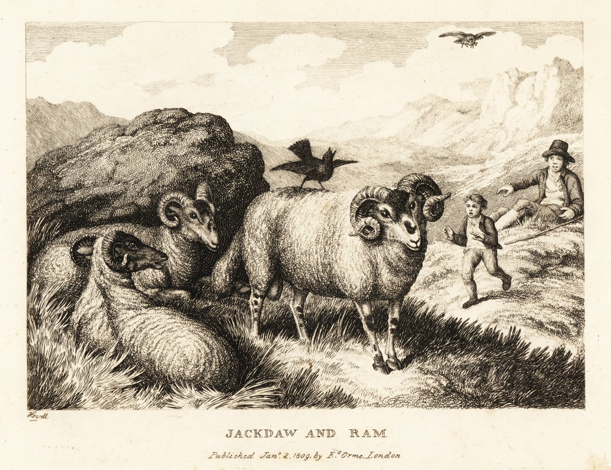 Bir karga, koçun arkasında şarkı söyler. 1811 (gravür) by Samuel Howitt
