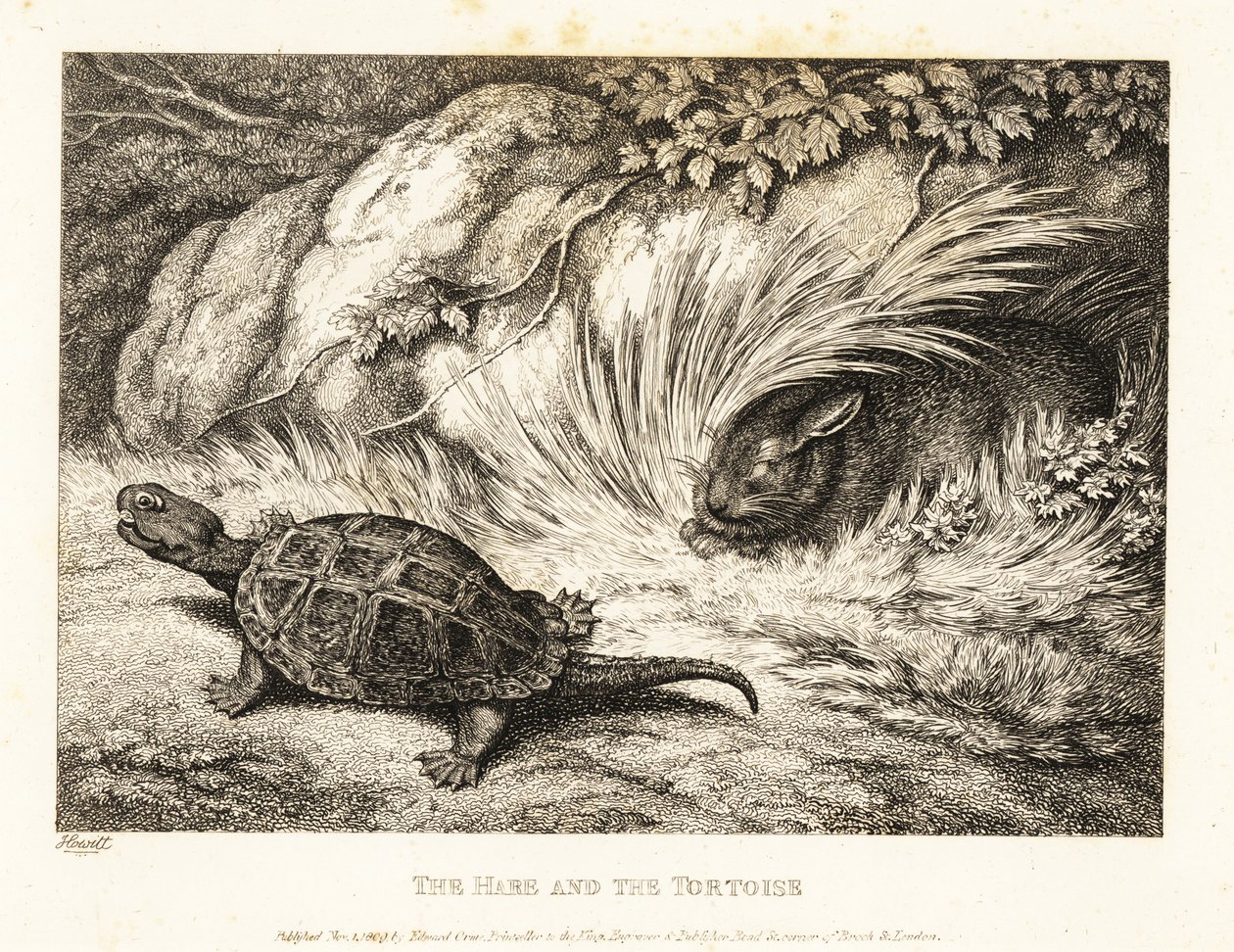 Bir kaplumbağa, bir yarışta uyuyan bir tavşanı sollar. 1811 (gravür) by Samuel Howitt