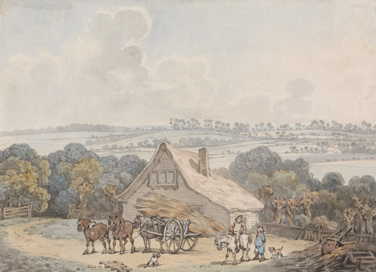 Bir Kulübenin Önündeki Saman Arabasıyla Manzara by Samuel Howitt