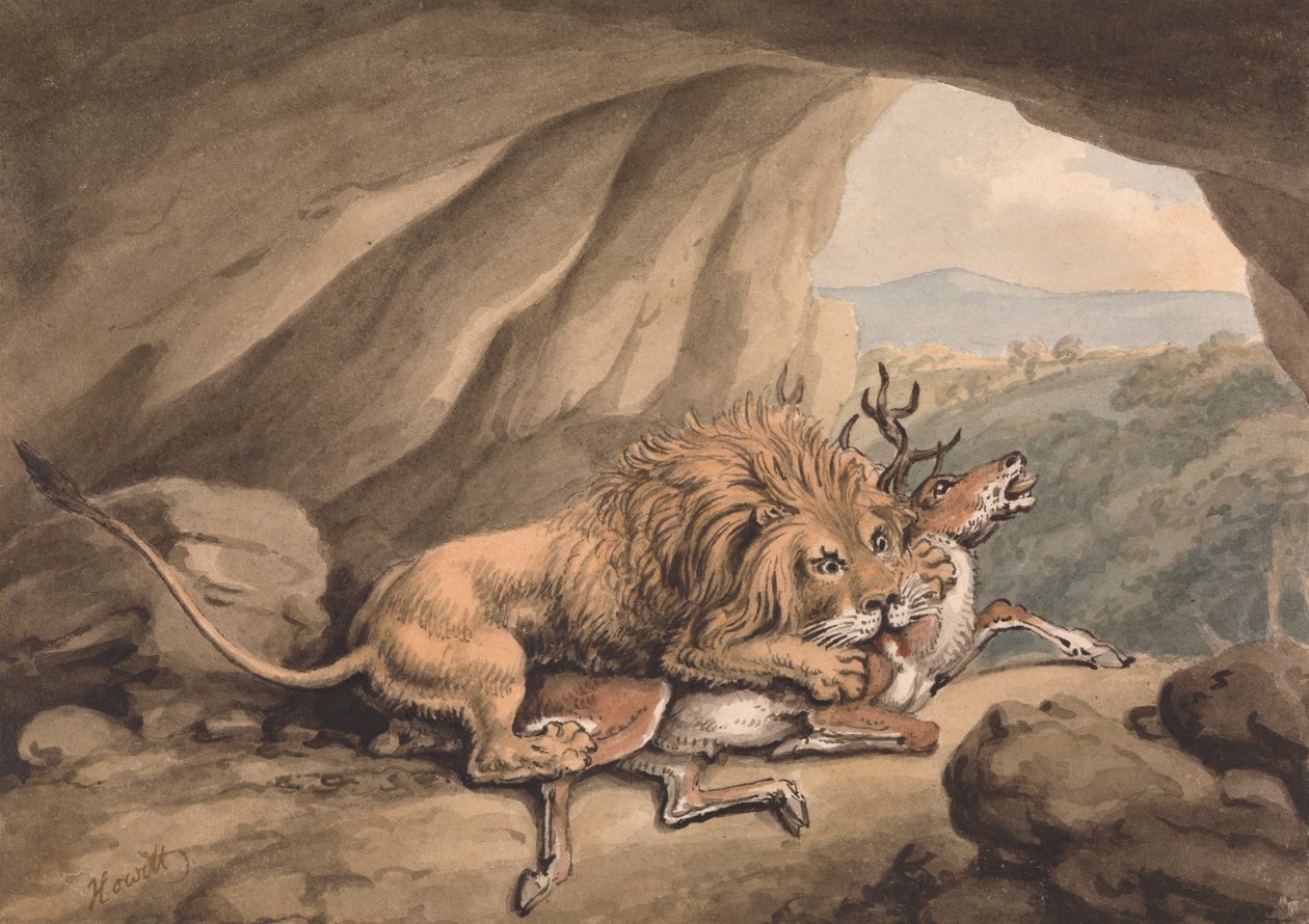 Bir geyiğe saldıran aslan by Samuel Howitt