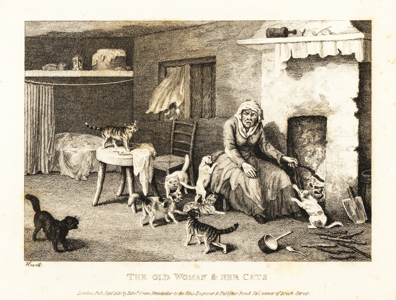 Kedilerle çevrili bir kulübede ocağın başında oturan yaşlı cadı. 1811 (gravür) by Samuel Howitt