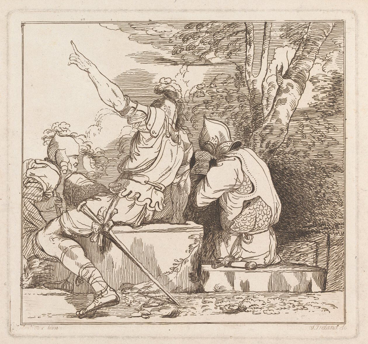 Bir kağıda serilen üç gravür: Üç Asker by Samuel Ireland