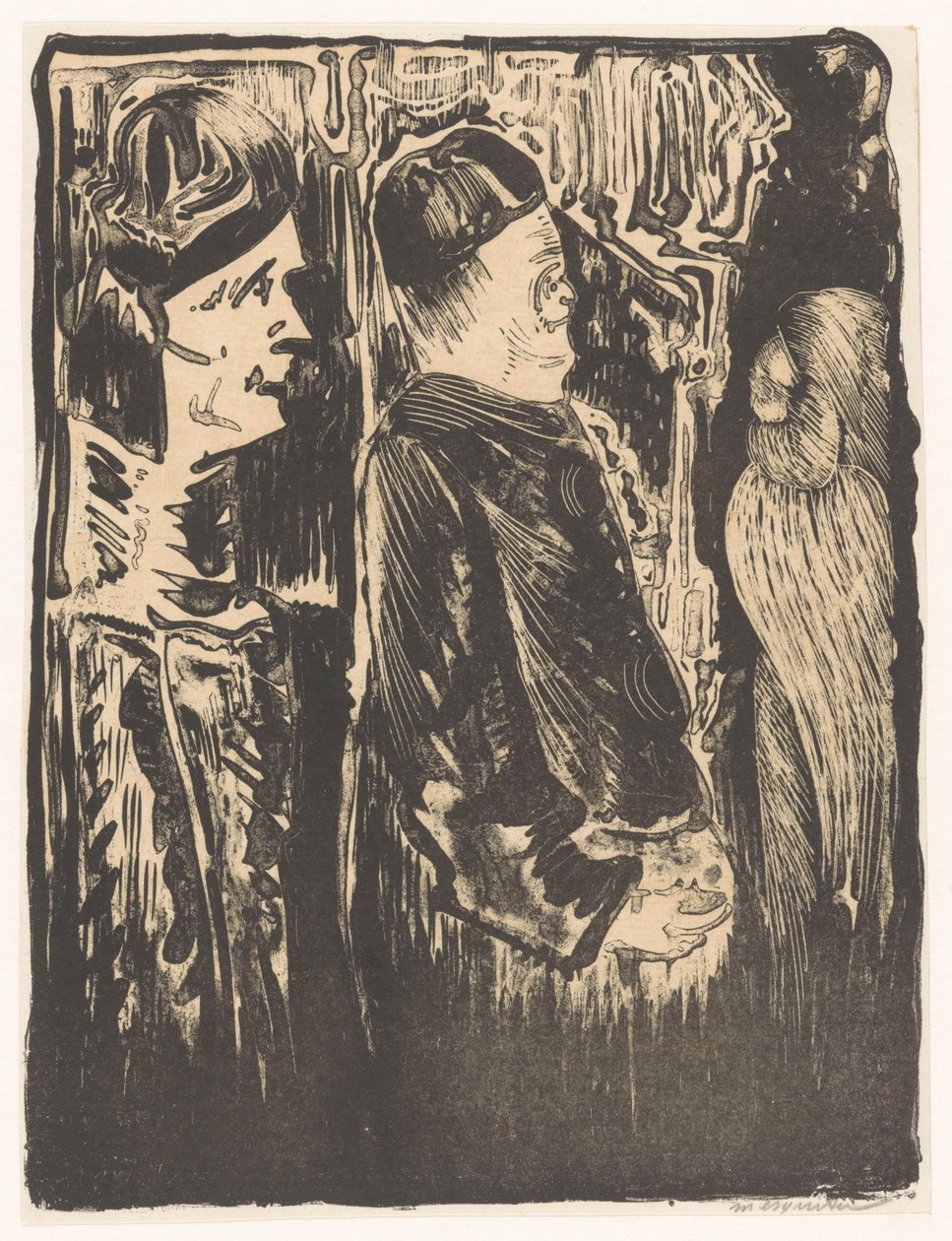 Fantezi: solda, sağda şapkalı iki figür, sağda tüyleri olan çizik bir görünüm by Samuel Jessurun de Mesquita (signed by artist)