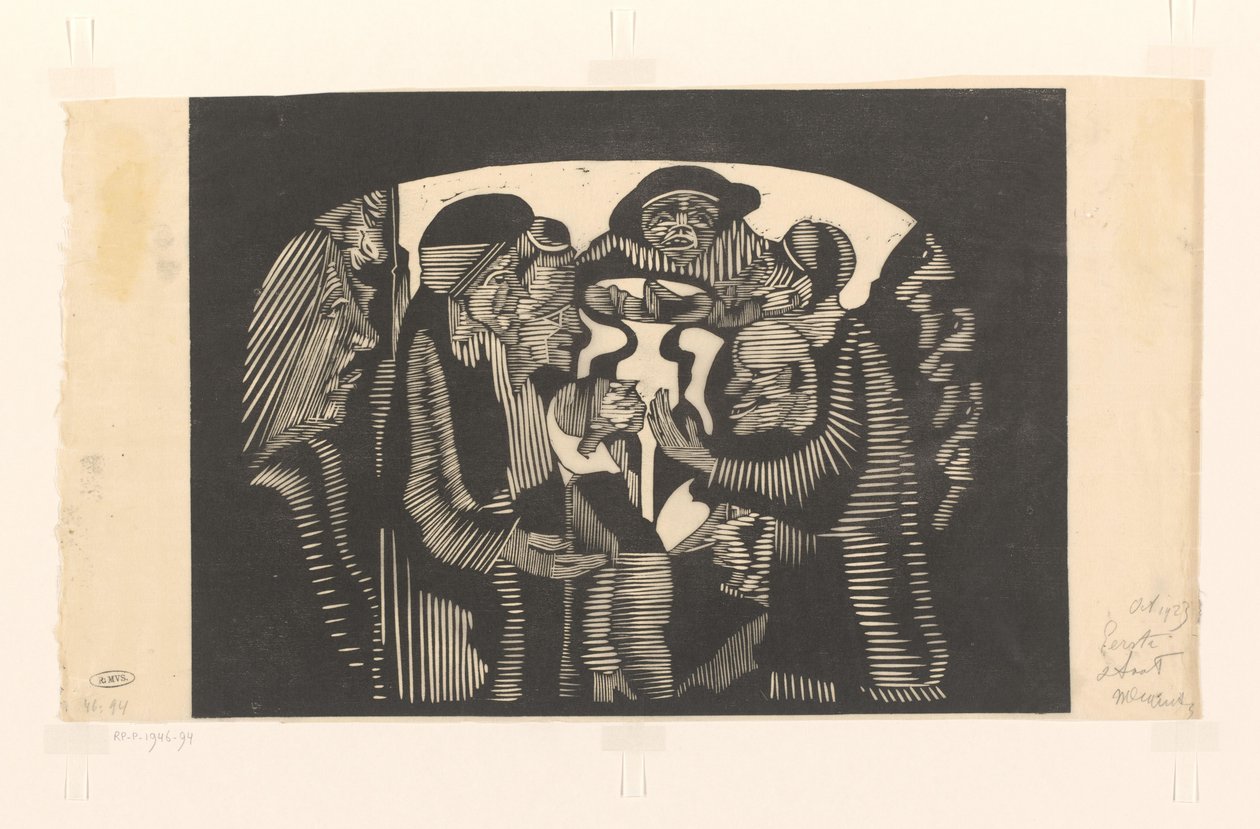 Bir yaydaki figür grubu Vizyoner hayal gücü: bir yay şeklinde çevrelenmiş figür grubu, üst merkezde şapka takan önden bir adam by Samuel Jessurun de Mesquita (signed by artist)