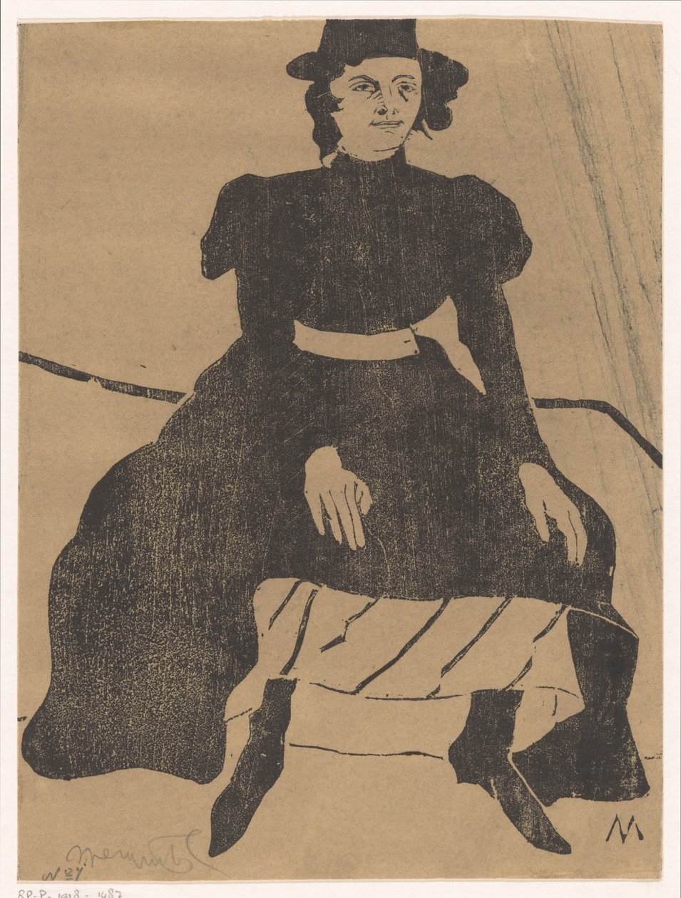 Oturan kadın şapkalı ve siyah elbiseli, dizlerinin üzerinde eller by Samuel Jessurun de Mesquita (signed by artist)