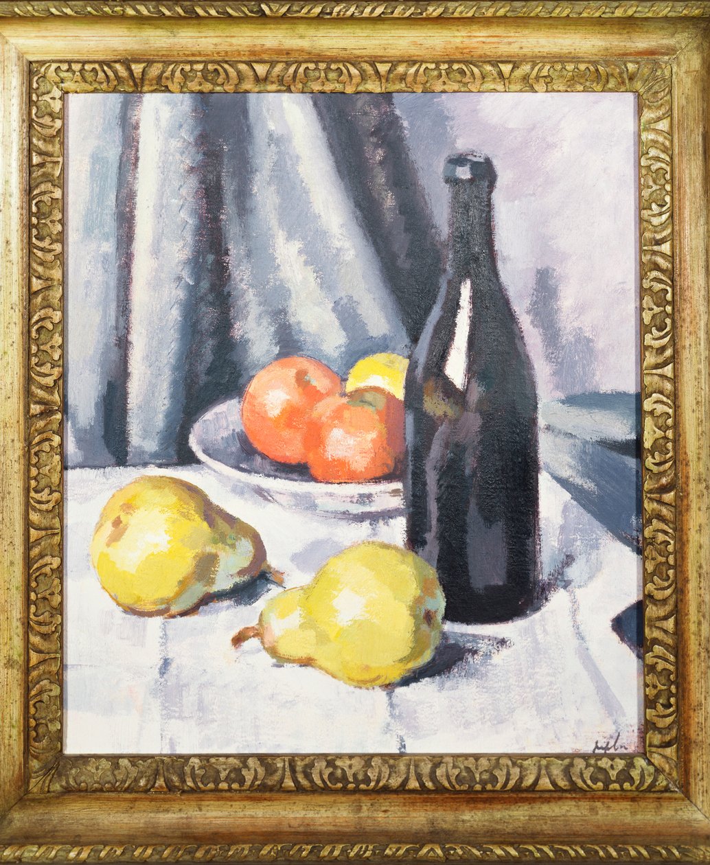 Drapeli Masada Elmalar, Armutlar ve Siyah Bir Şişe, 1928 dolayları by Samuel John Peploe