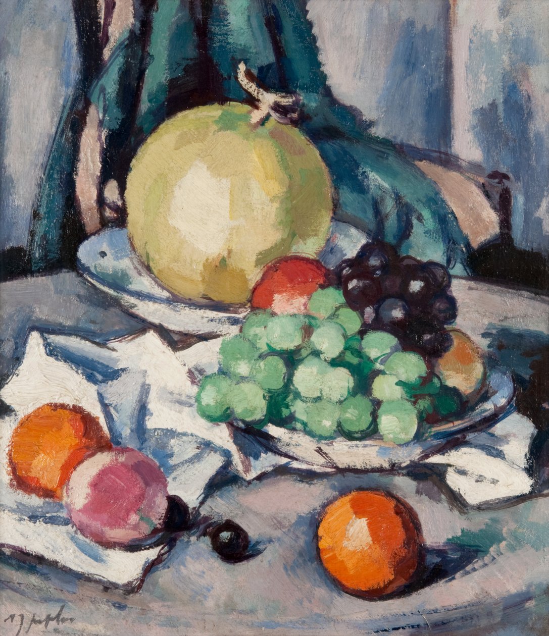 Karışık Meyve - Kavun, Üzüm ve Elma, c.1926 (tuval üzerine yağlı boya) by Samuel John Peploe