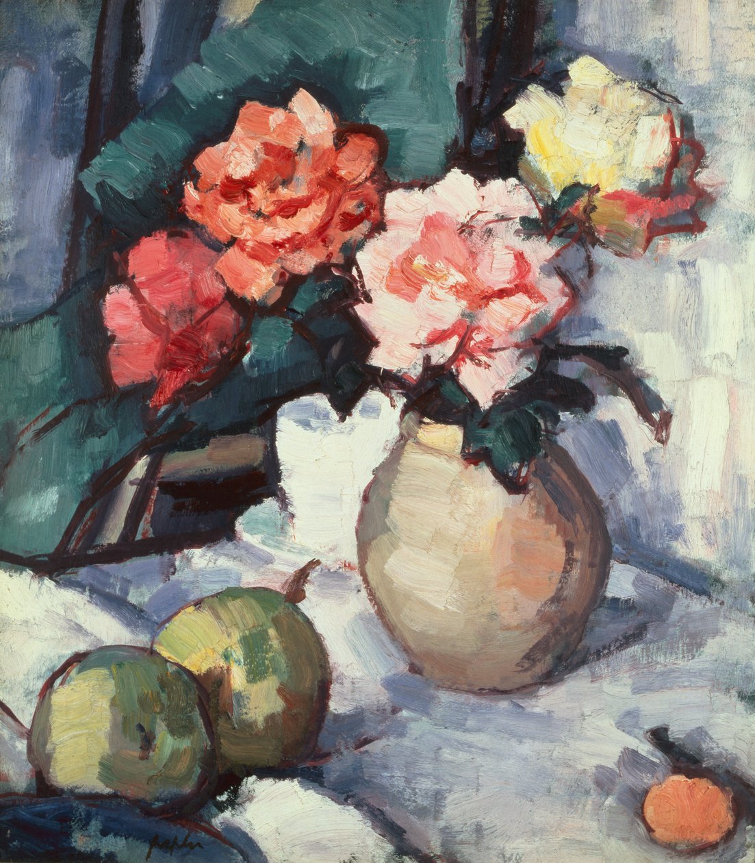 Kahverengi Vazoda Fincan, Tabak ve Elmalı Karışık Güller by Samuel John Peploe