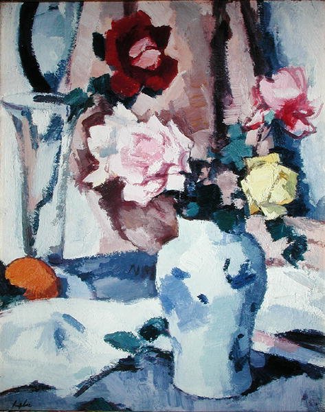 Mavi Beyaz Vazoda Güller (tuval üzerine yağlı boya) by Samuel John Peploe