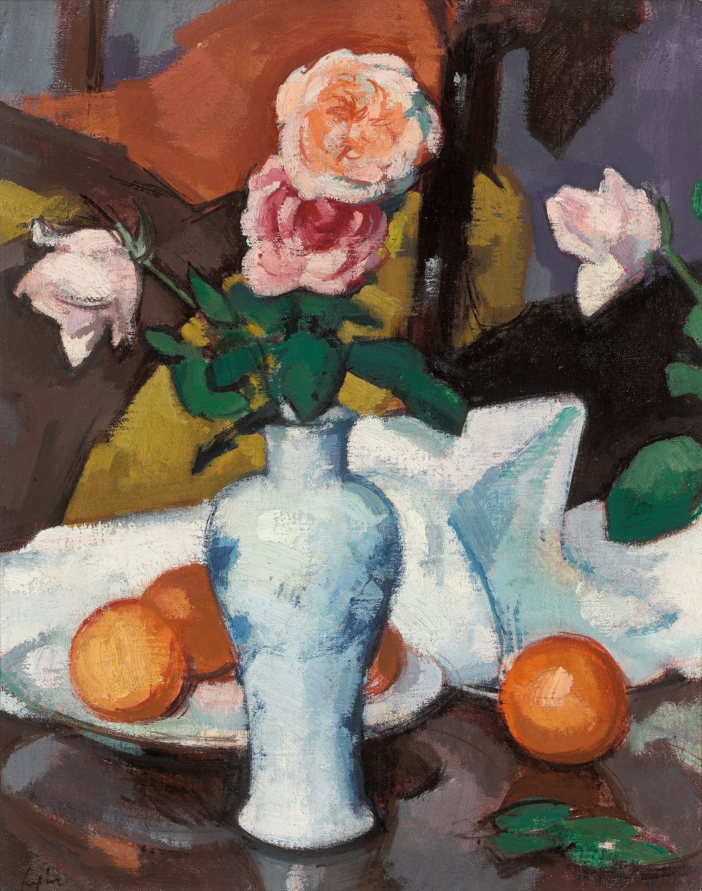 Vazoda Portakallı Güller ve Beyaz Masa Örtüsü, by Samuel John Peploe