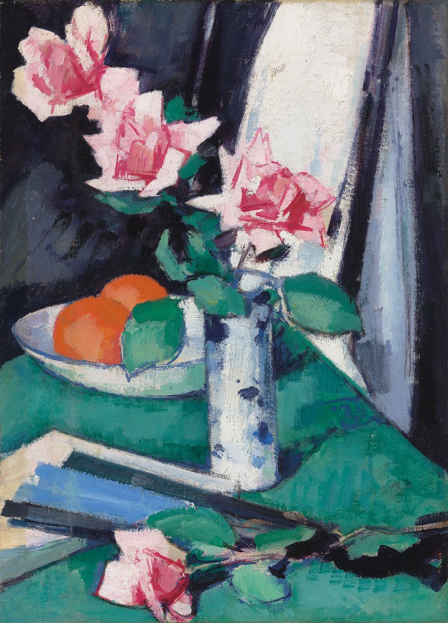 Mavi Beyaz Vazoda Pembe Gül ve Portakallı Natürmort, by Samuel John Peploe