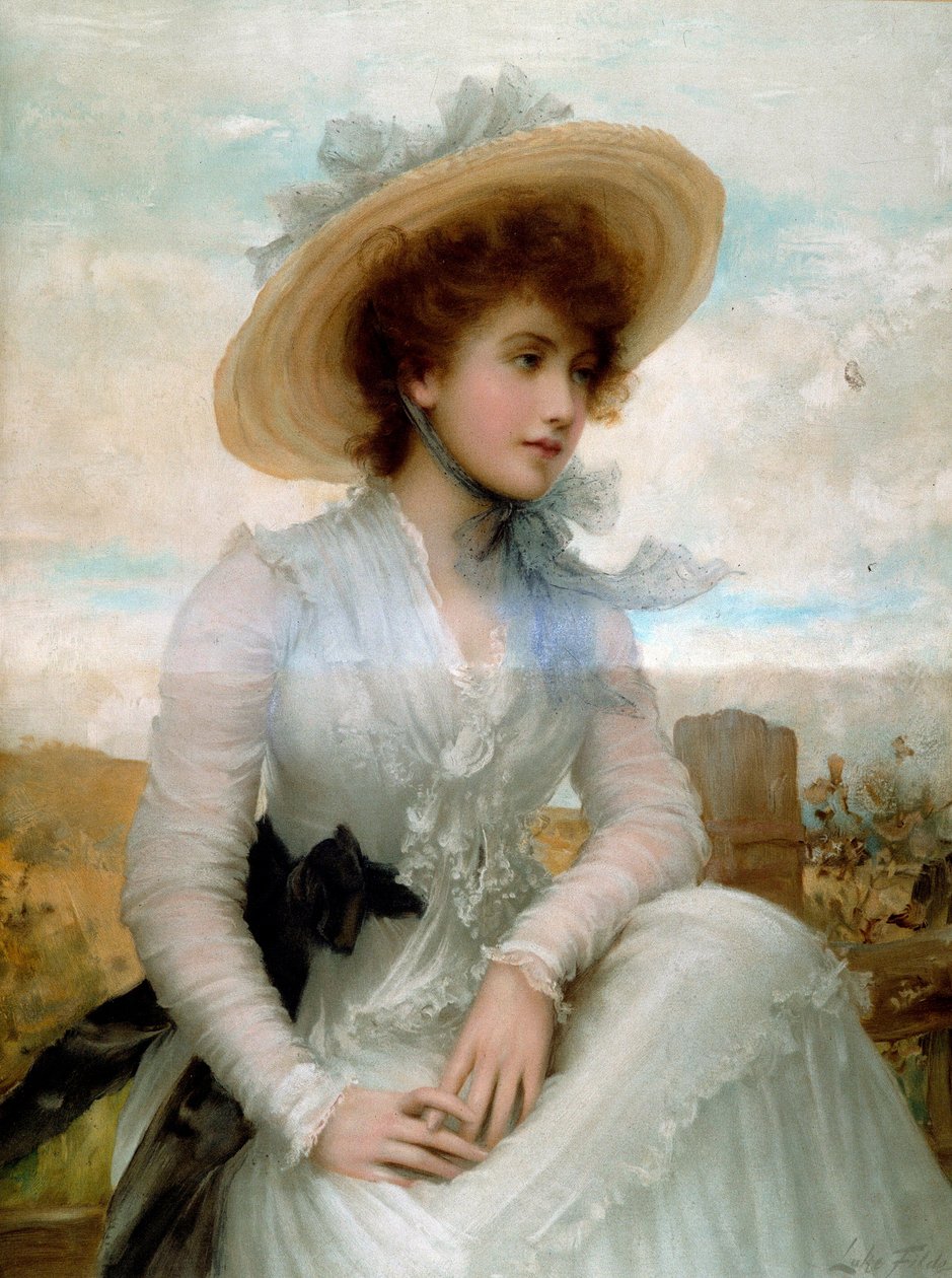 Hasır şapkalı genç bir kadının portresi Baskı Samuel Luke Fildes (1843-1927) 19. yüzyıl Paris, Dekoratif Sanatlar by Samuel Luke Fildes