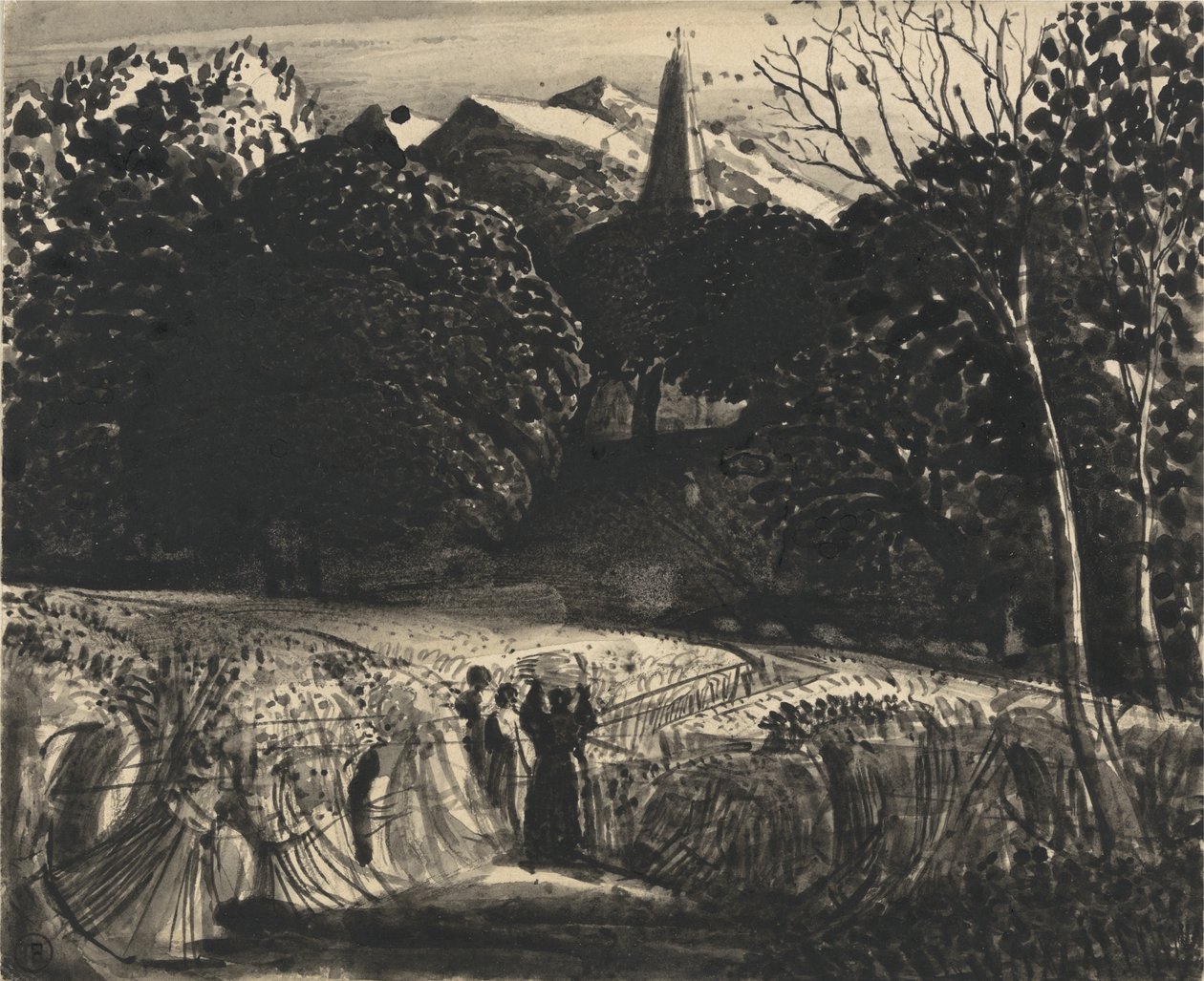 Cornfield ve Church by Moonlight (kağıt üzerine fırça ve siyah mürekkep) by Samuel Palmer