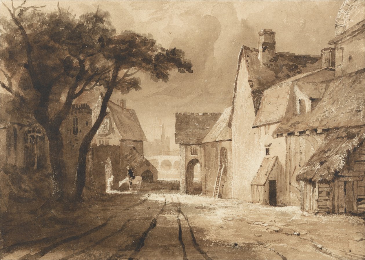 Eski Binaların İncelenmesi (kağıt üzerinde kahverengi mürekkep ve grafit üzerine yıkama) by Samuel Palmer