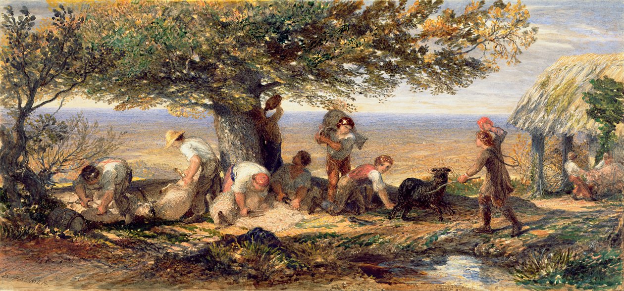 The Sheepshearers, 1863 dolayları (kağıt üzerine kalem izleri üzerine suluboya ve gövde rengi) by Samuel Palmer