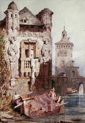 Binaları olan bir teknedeki figürler (kağıt üzerine sulu boya) by Samuel Prout