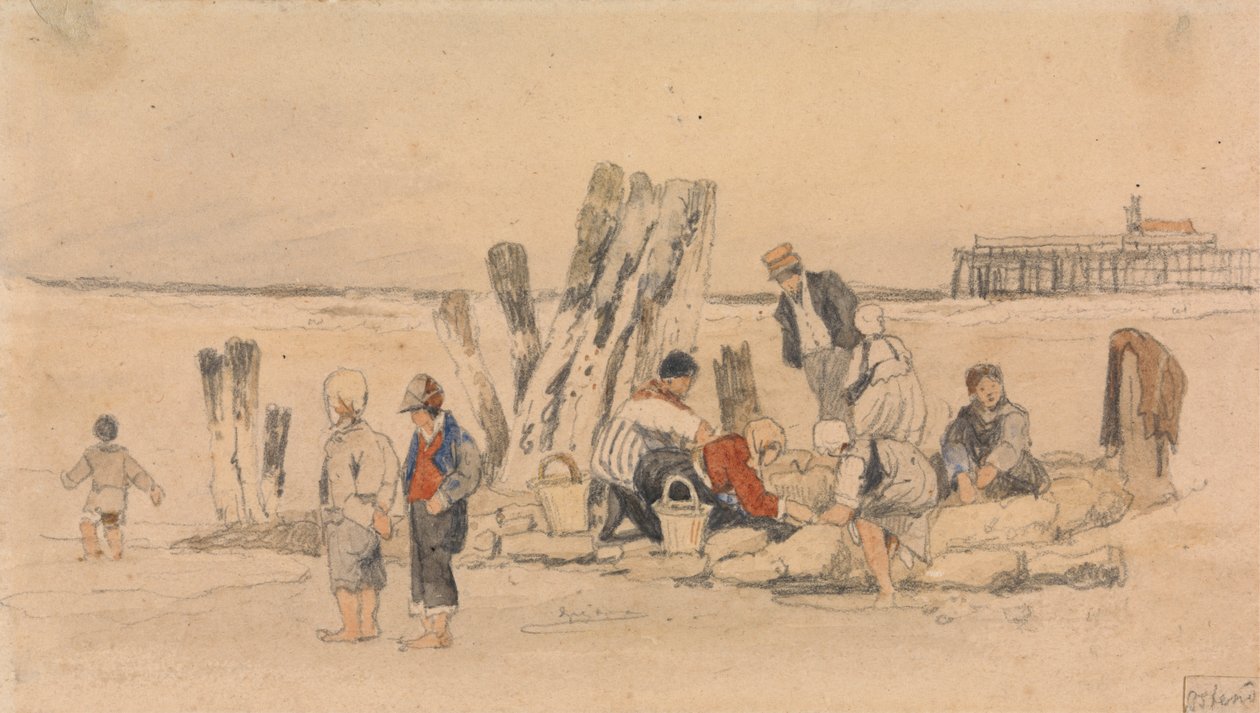 Sahilde balıkçılar, Oostende by Samuel Prout