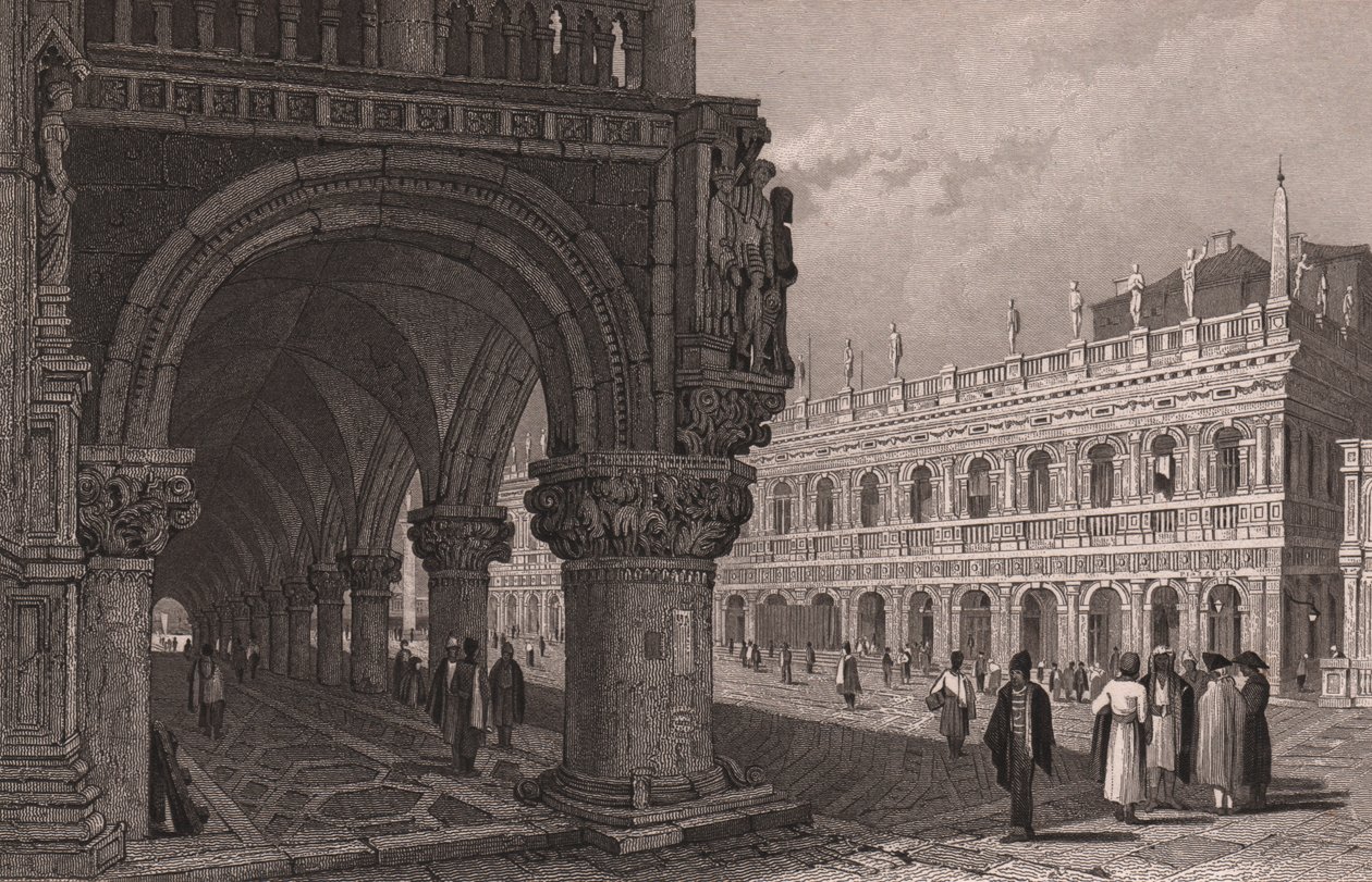 Doge Sarayı'nın (Palazzo Ducale) pasajının St Mark's Meydanı ve Kütüphane Sarayı manzaralı önden kısaltılması, Venedik, Veneto, İtalya, Samuel Prout'un (1783-1852) çiziminden sonra çelik gravür, yaklaşık 15x11,5 cm by Samuel Prout