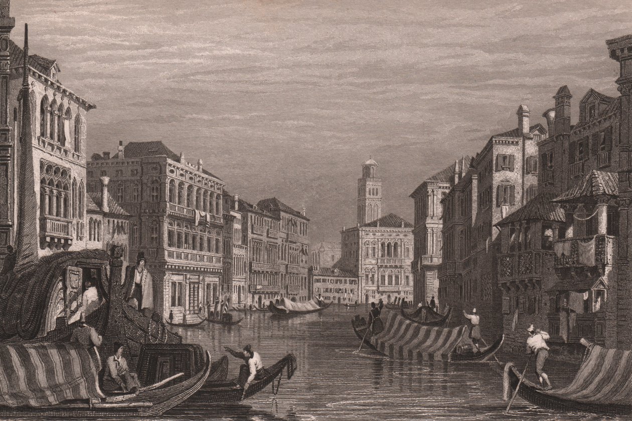 Grand Canal (Canal Grande) üzerinde gondollar, Venedik, Veneto, İtalya, Samuel Prout (1783-1852) tarafından çizildikten sonra çelik gravür, yaklaşık 15x11,5 cm by Samuel Prout